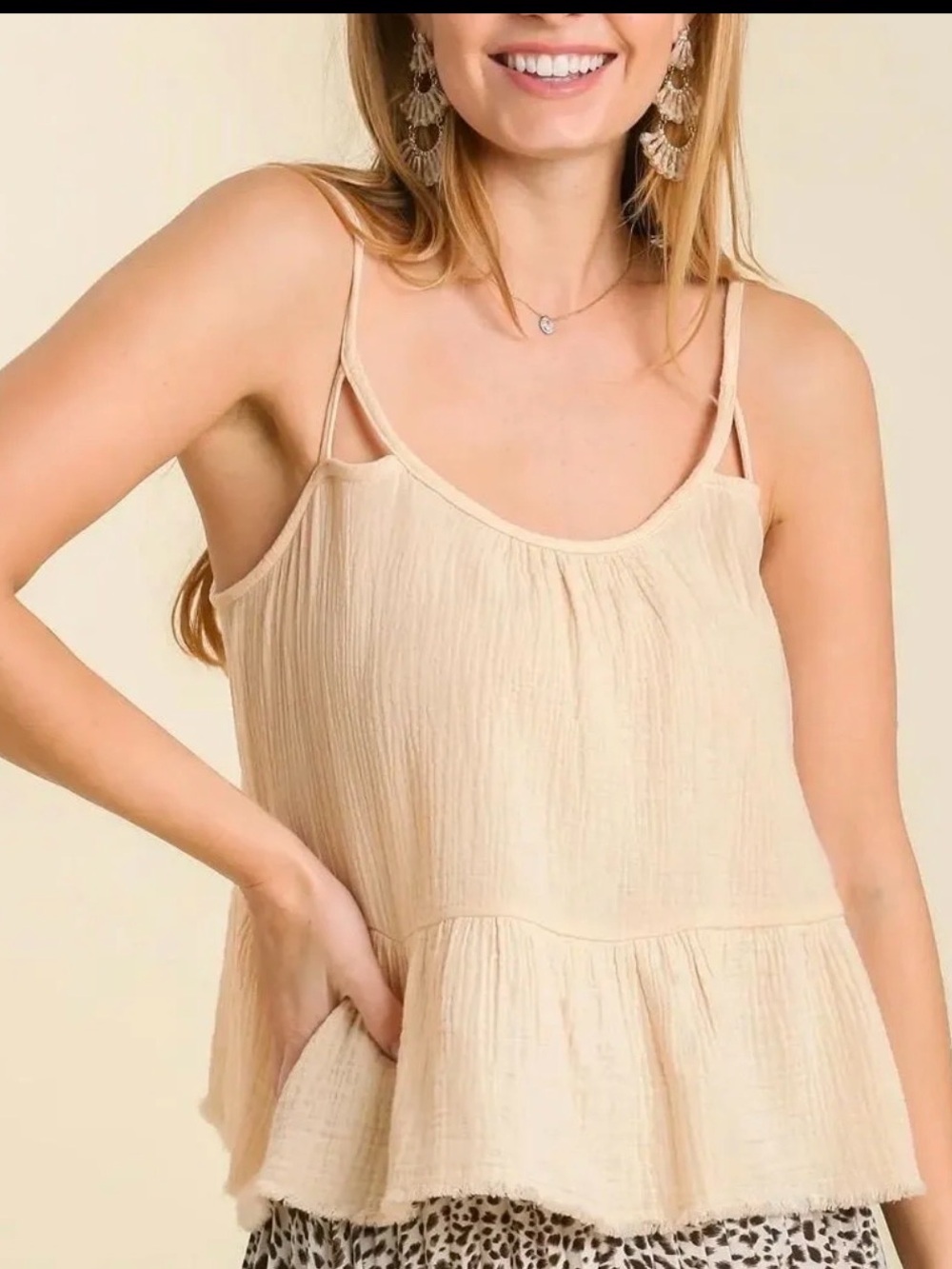 Cream Gauze Peplum Frayed Hem Cami Top adjustable straps